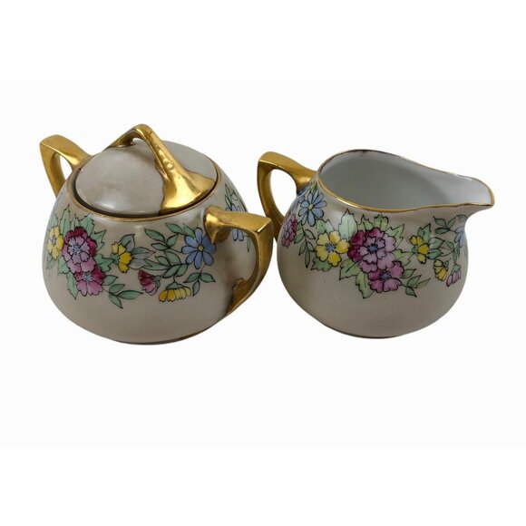 Vintage O E G Royal Austria Creamer Sugar Bowl Set Floral Design Gold Trim - Picture 3 of 10
